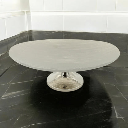 Damoo Sleek Silver Oval Display Bowl on Raised Base – Contemporary Hammered Metal Serving Stand for Home & Event Styling - Damoo