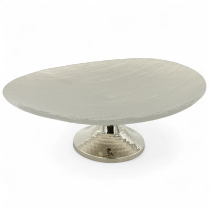 Damoo Sleek Silver Oval Display Bowl on Raised Base – Contemporary Hammered Metal Serving Stand for Home & Event Styling - Damoo