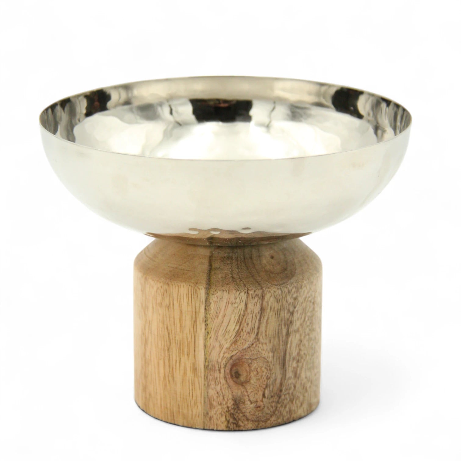 Damoo Small Hammered Metal Serving Bowl with Natural Wood Base – Elegant Decorative Dish for Snacks, Dates & Sweets - Damoo