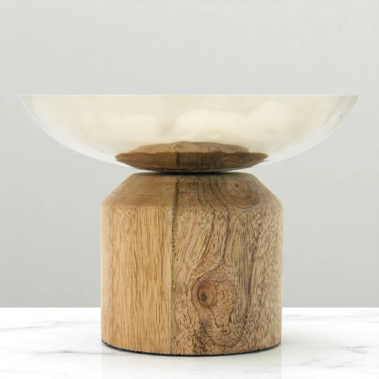 Damoo Small Hammered Metal Serving Bowl with Natural Wood Base – Elegant Decorative Dish for Snacks, Dates & Sweets - Damoo