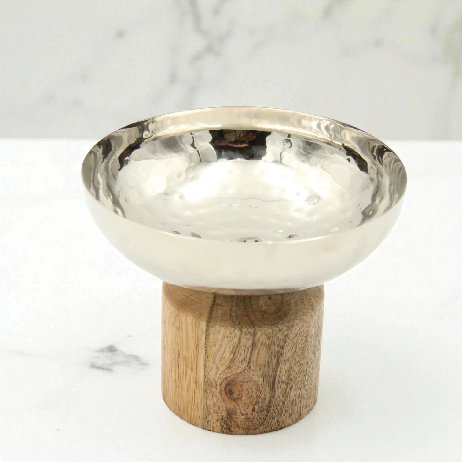 Damoo Small Hammered Metal Serving Bowl with Natural Wood Base – Elegant Decorative Dish for Snacks, Dates & Sweets - Damoo