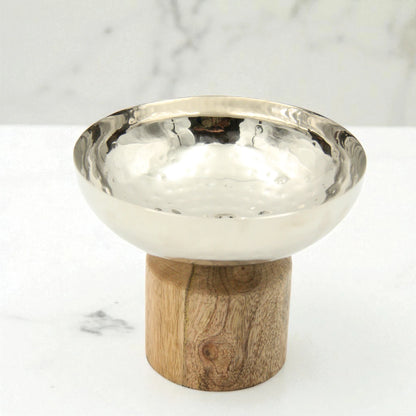 Damoo Small Hammered Metal Serving Bowl with Natural Wood Base – Elegant Decorative Dish for Snacks, Dates & Sweets - Damoo