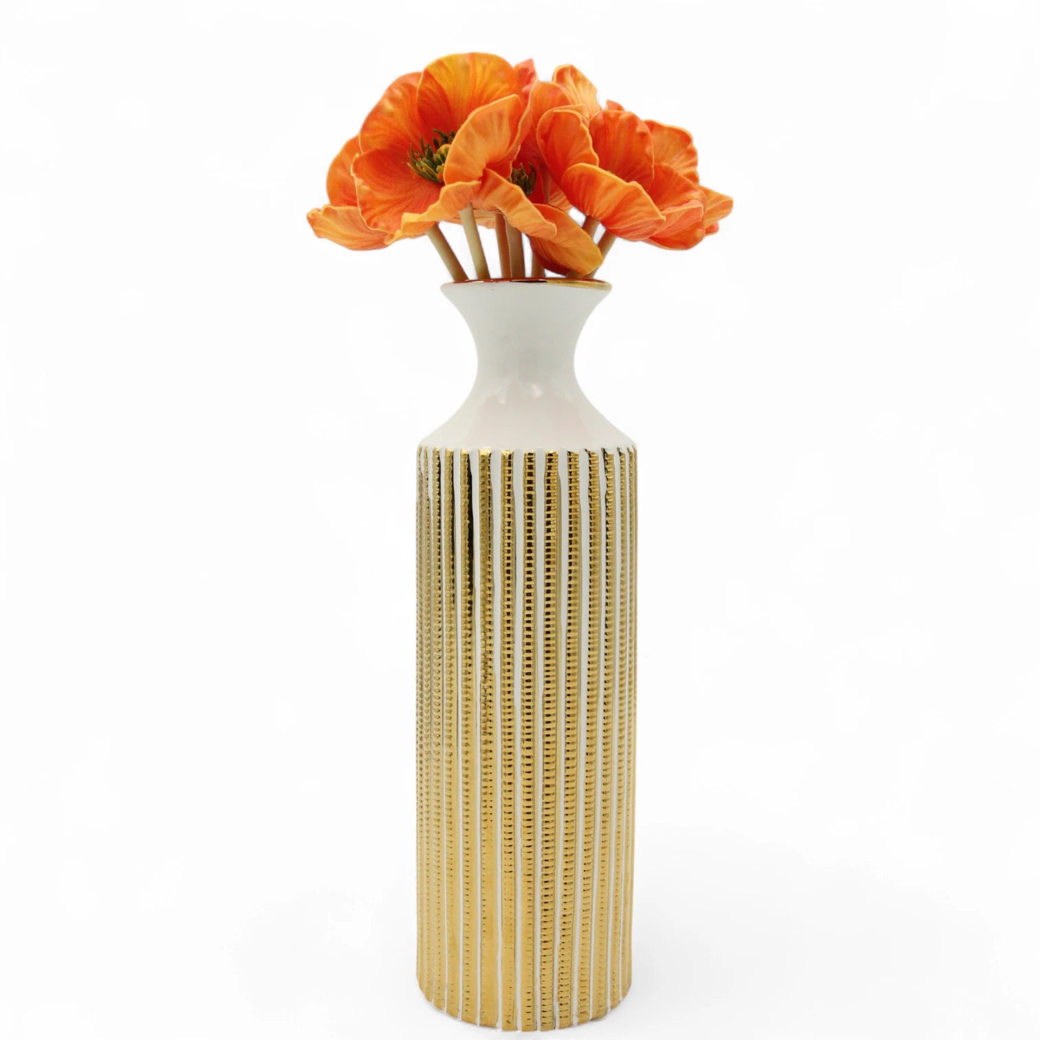 Damoo Tall Ceramic Flower Vase with Vertical Gold Detailing – Modern Decorative Accent for Living Room, Entryway & Office - Damoo