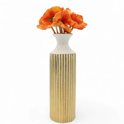 Damoo Tall Ceramic Flower Vase with Vertical Gold Detailing – Modern Decorative Accent for Living Room, Entryway & Office - Damoo