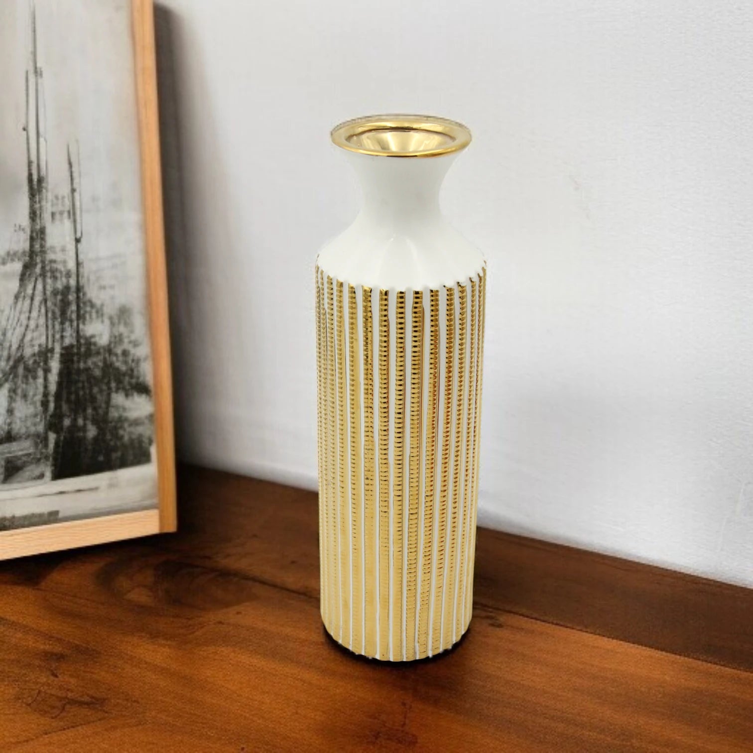 Damoo Tall Ceramic Flower Vase with Vertical Gold Detailing – Modern Decorative Accent for Living Room, Entryway & Office - Damoo
