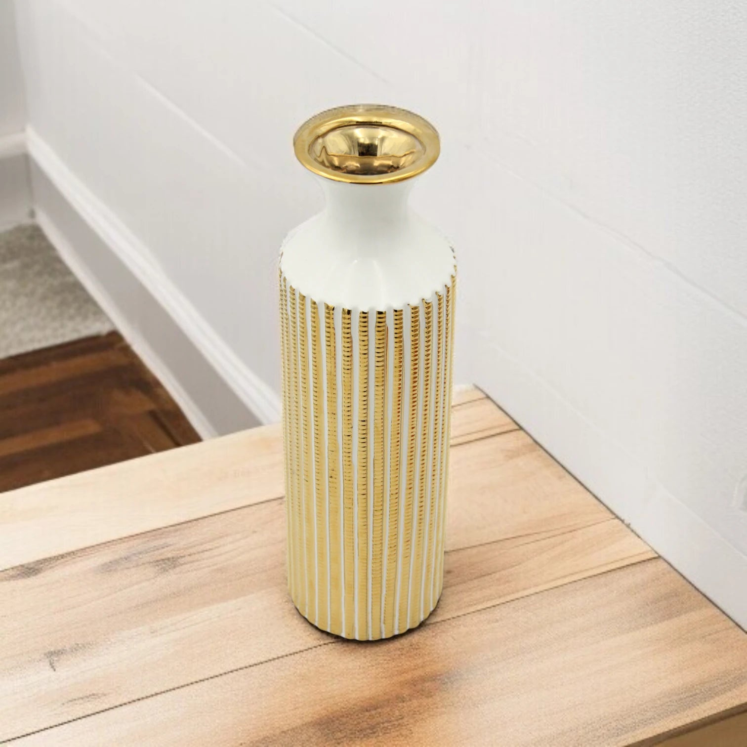 Damoo Tall Ceramic Flower Vase with Vertical Gold Detailing – Modern Decorative Accent for Living Room, Entryway & Office - Damoo