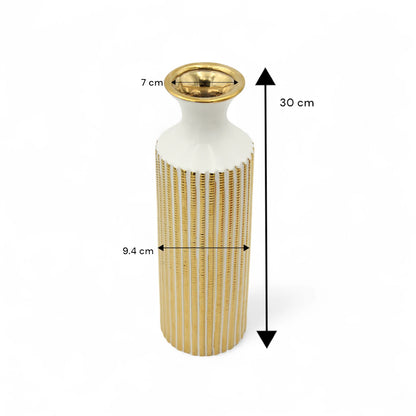 Damoo Tall Ceramic Flower Vase with Vertical Gold Detailing – Modern Decorative Accent for Living Room, Entryway & Office - Damoo