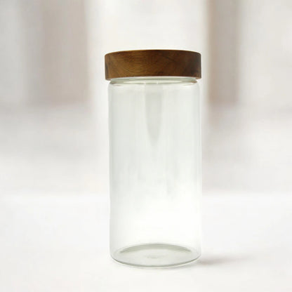 Damoo Tall Clear Glass Storage Canister with Acacia Wood Lid – Airtight Jar for Kitchen Pantry, Coffee, Spices, Snacks & Organizing - Damoo