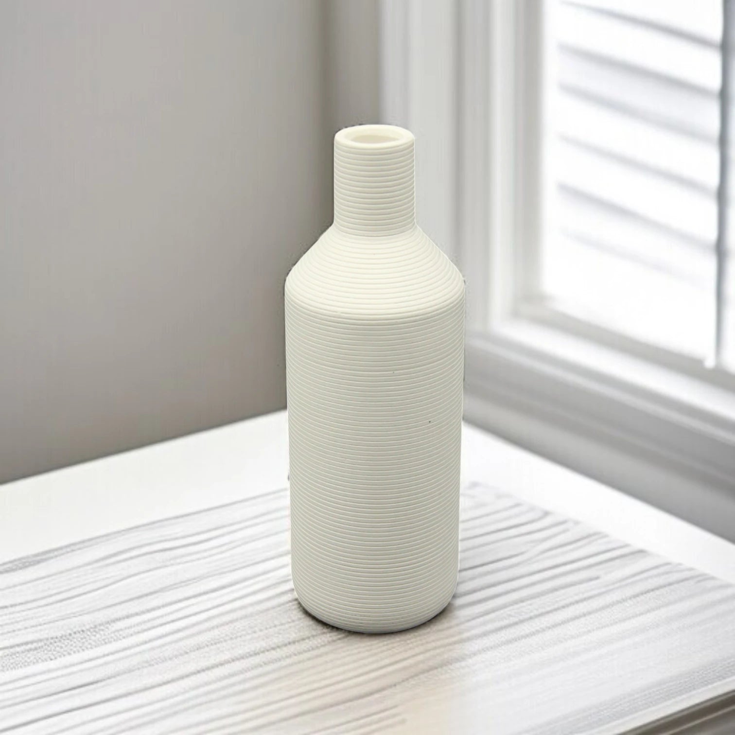 Damoo Tall Ribbed Ceramic Flower Vase – Modern Minimalist White Vase for Tabletop Decor | Elegant Home Accent for Living Room, Office & Bedroom - Damoo