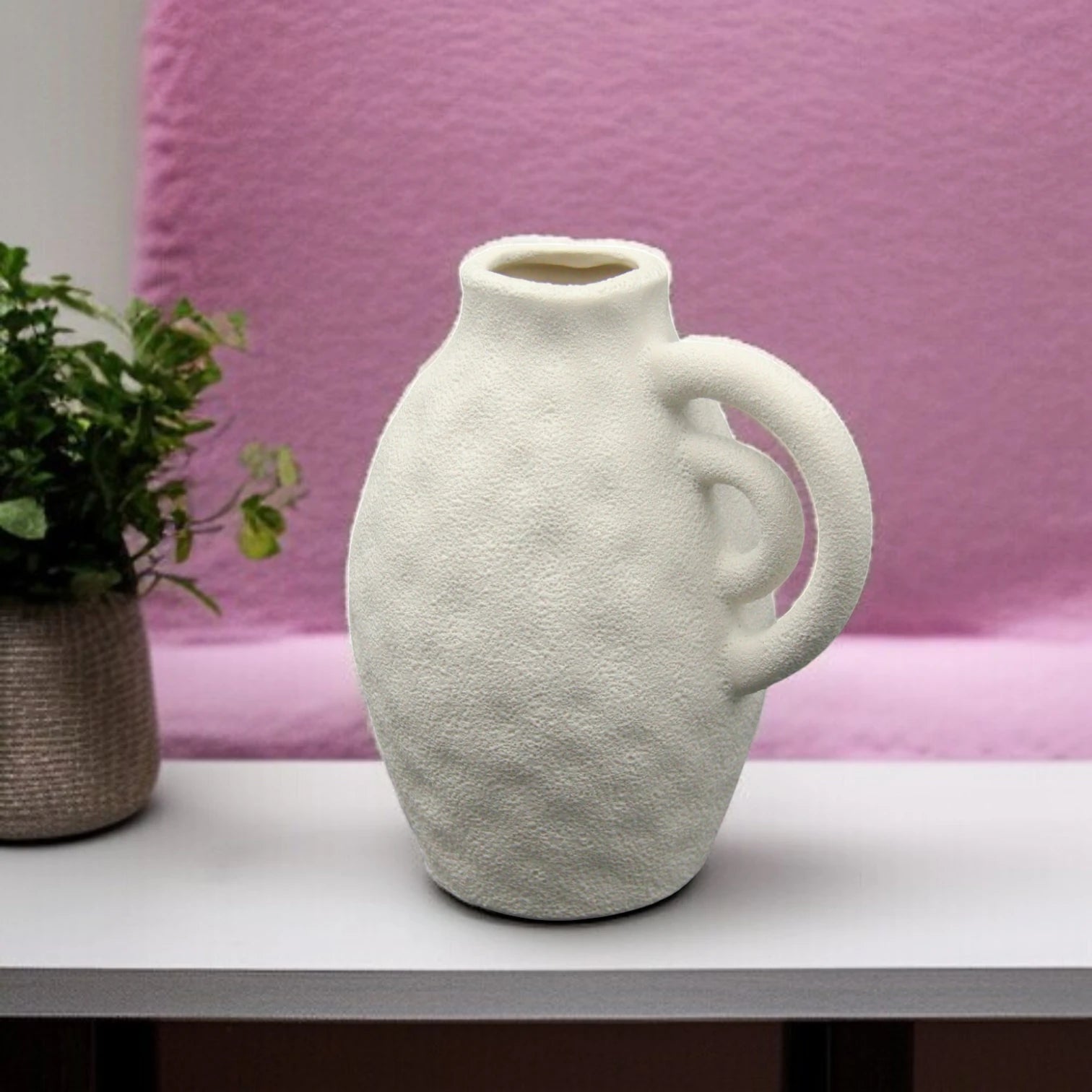 Damoo Textured Ceramic Flower Vase with Artistic Loop Handle – Modern Rustic Jug-Style Vase for Dried or Fresh Flowers - Damoo