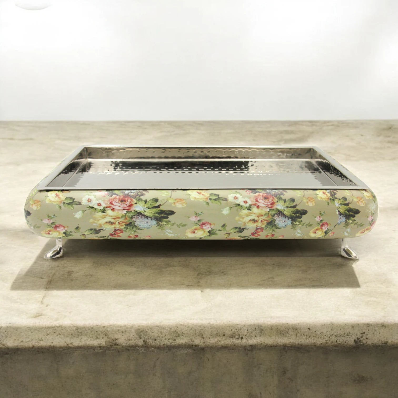 Damoo Vintage Floral Wooden Tray with Metal Top – Decorative Square Serving Tray on Feet – Elegant Coffee or Perfume Display Tray - Damoo