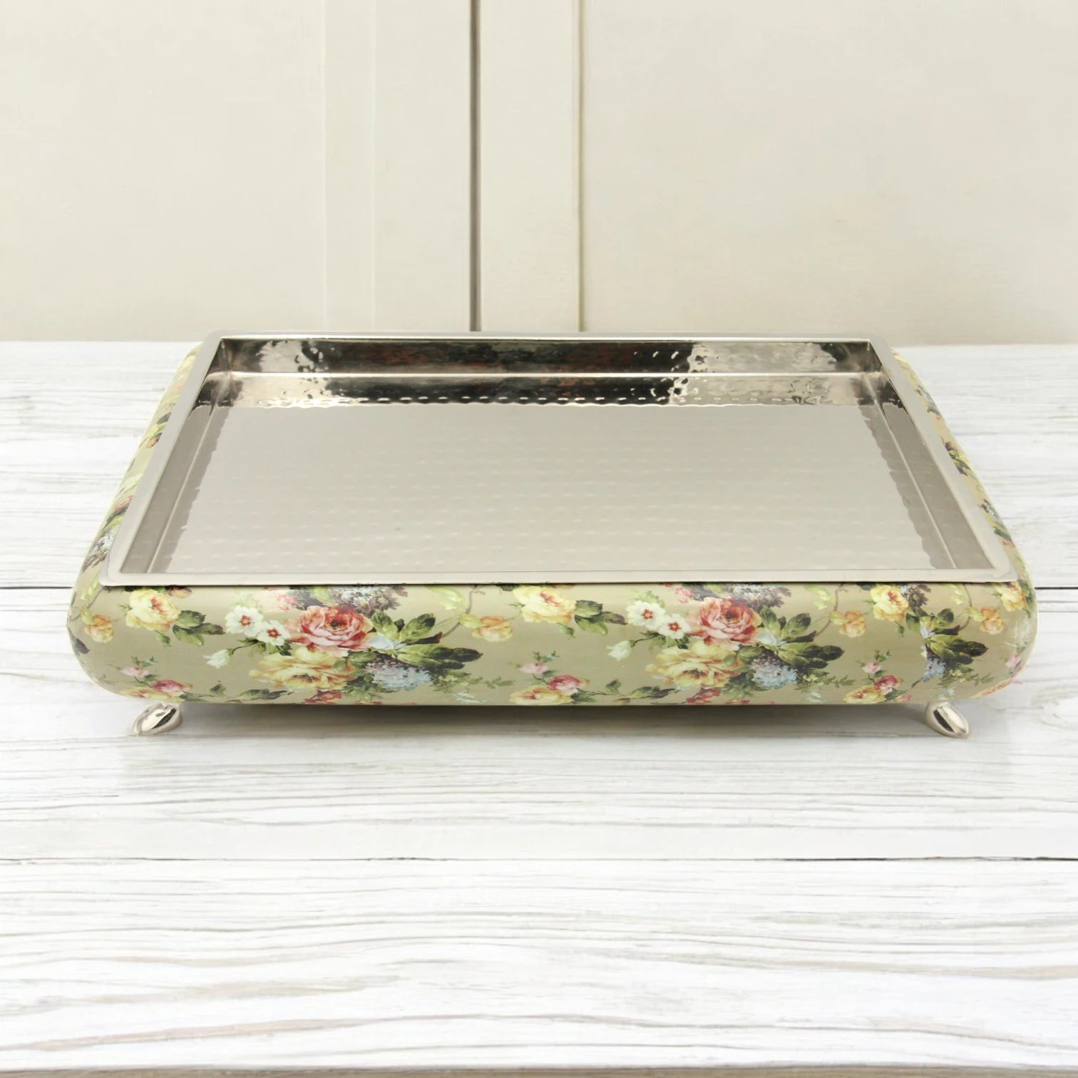 Damoo Vintage Floral Wooden Tray with Metal Top – Decorative Square Serving Tray on Feet – Elegant Coffee or Perfume Display Tray - Damoo