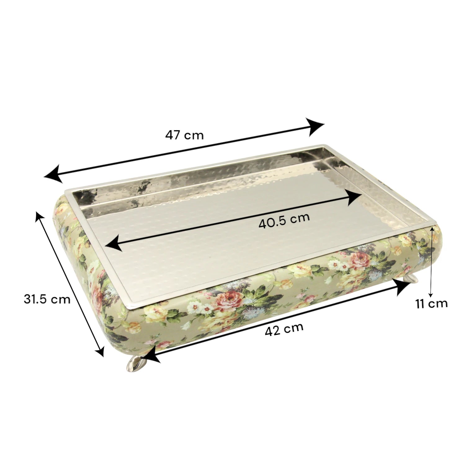 Damoo Vintage Floral Wooden Tray with Metal Top – Decorative Square Serving Tray on Feet – Elegant Coffee or Perfume Display Tray - Damoo