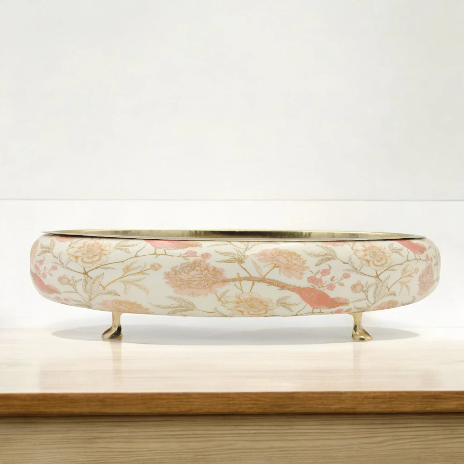Damoo Vintage-Inspired Wooden Oval Tray with Floral Bird Print and Gold Metal Base – Decorative Display Stand for Tabletops or Events - Damoo