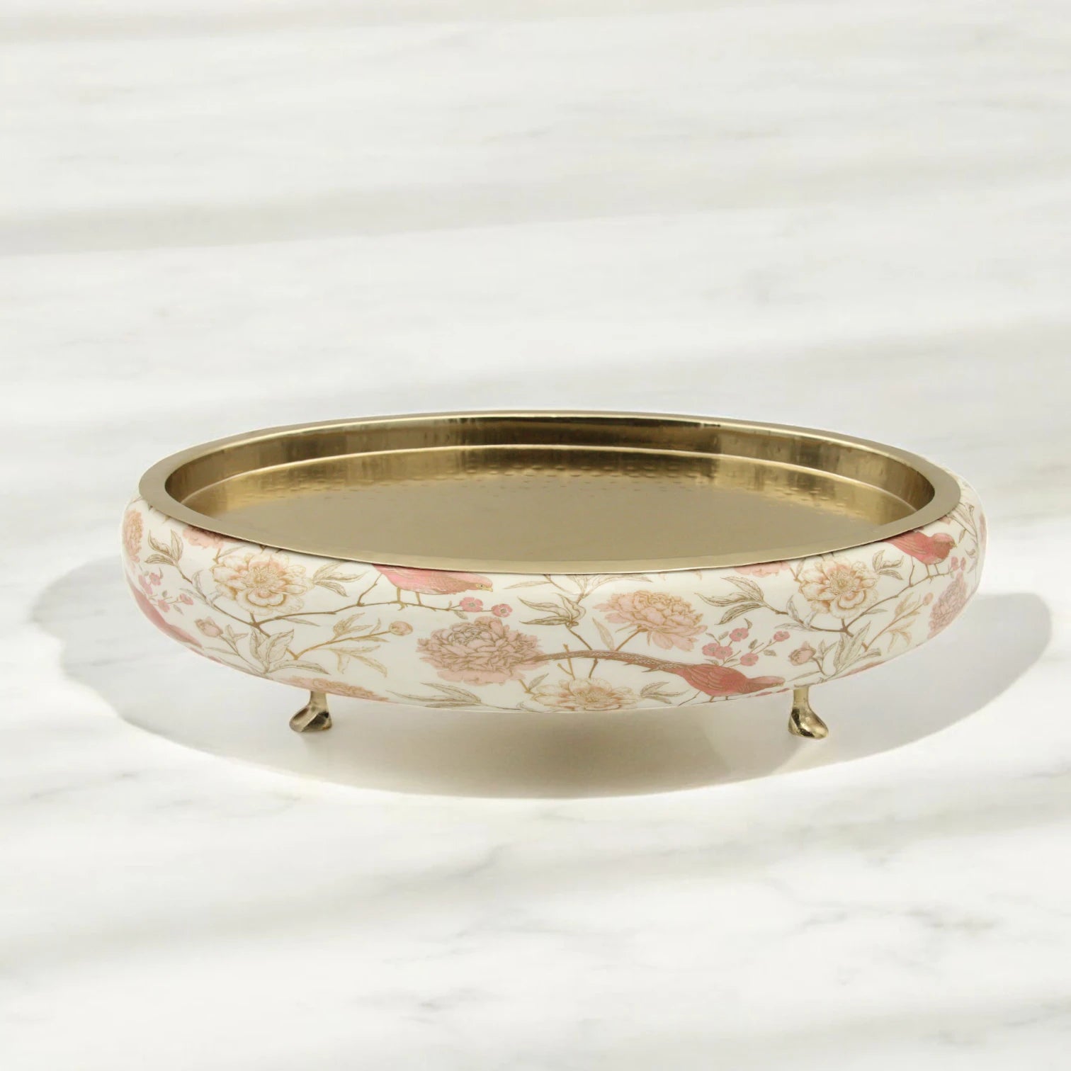 Damoo Vintage-Inspired Wooden Oval Tray with Floral Bird Print and Gold Metal Base – Decorative Display Stand for Tabletops or Events - Damoo