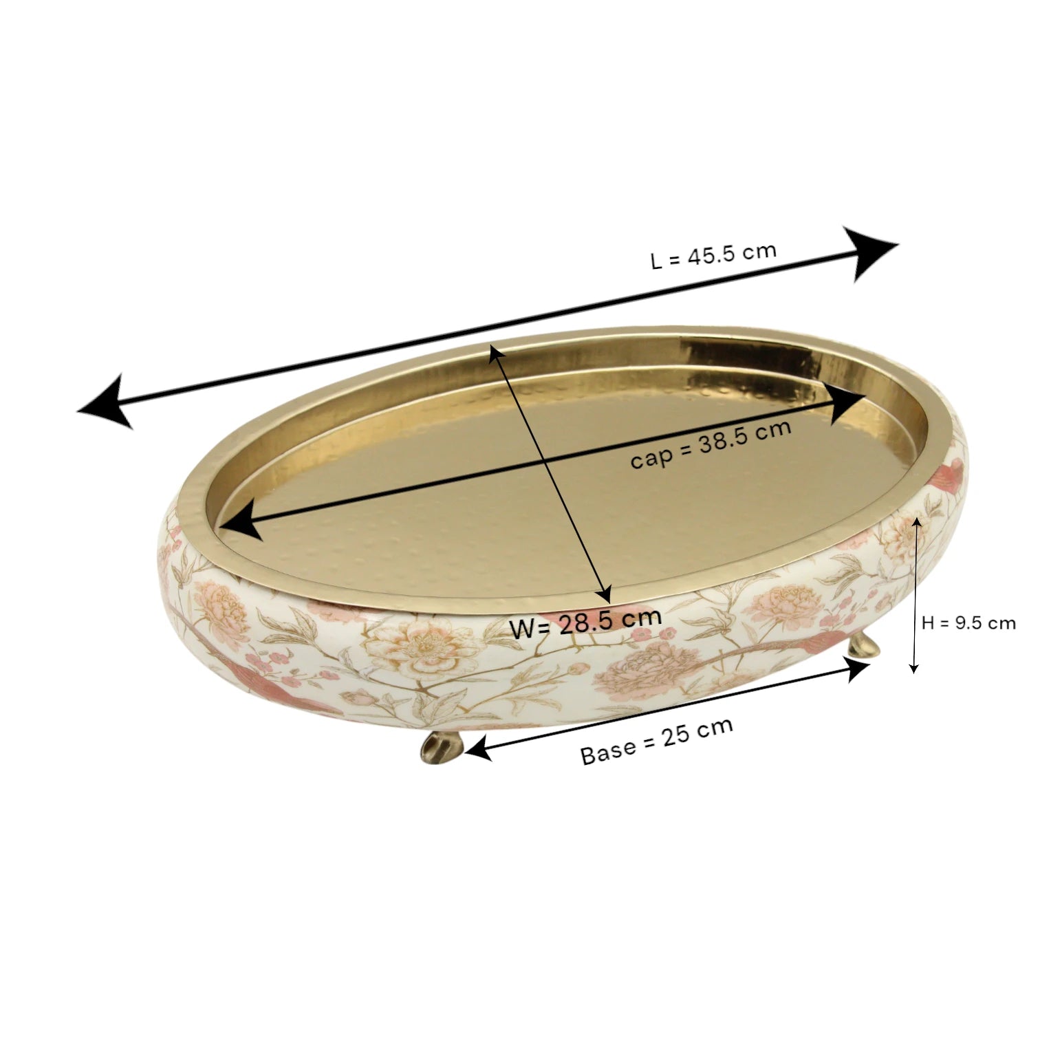 Damoo Vintage-Inspired Wooden Oval Tray with Floral Bird Print and Gold Metal Base – Decorative Display Stand for Tabletops or Events - Damoo
