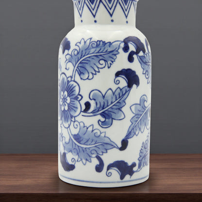 Damoo White Ceramic Flower Vase with Blue Leaf Accents – Elegant Minimalist Vase for Home & Office Décor - Damoo