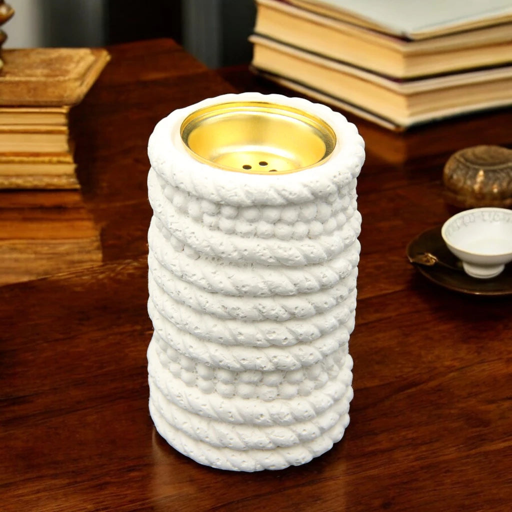 Damoo White Ceramic Rope Knot Mabkhara – Modern Arabic Incense Burner with Textured Finish & Gold Bowl – Elegant Home Decor Piece - Damoo
