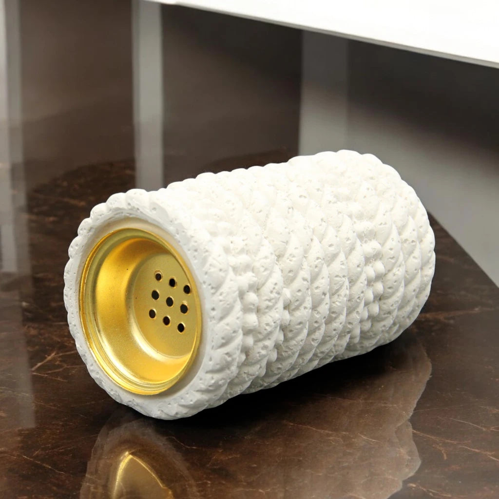 Damoo White Ceramic Rope Knot Mabkhara – Modern Arabic Incense Burner with Textured Finish & Gold Bowl – Elegant Home Decor Piece - Damoo