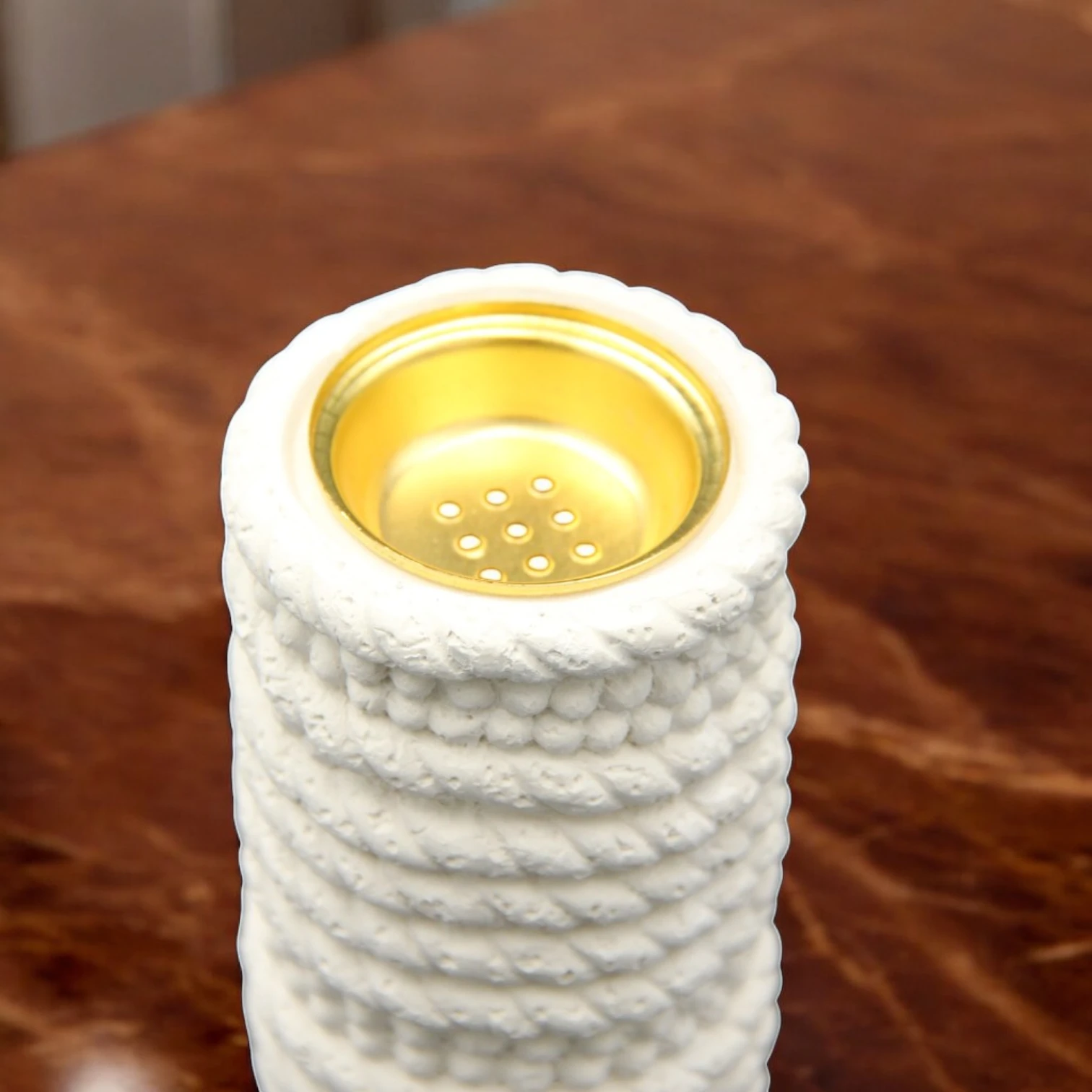 Damoo White Ceramic Rope Knot Mabkhara – Modern Arabic Incense Burner with Textured Finish & Gold Bowl – Elegant Home Decor Piece - Damoo