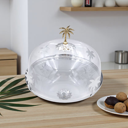 حامل كيك فاخر على شكل شجرة نخيل فضي وذهبي مع غطاء مقبب - صينية عرض حلويات كلاسيكية من الفولاذ والنحاس | طبق تقديم أنيق للكيك والمعجنات والحفلات