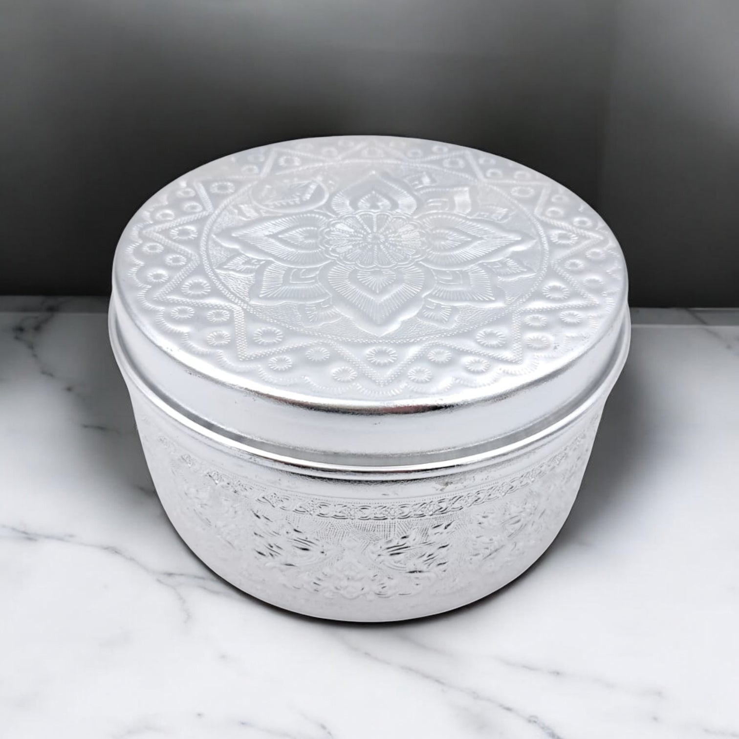 Engraved Aluminum Storage Container with Lid – Traditional Middle Eastern Decorative Box for Spices, Jewelry & Dry Foods (H 8cm × L 15cm × W 15cm) - Damoo
