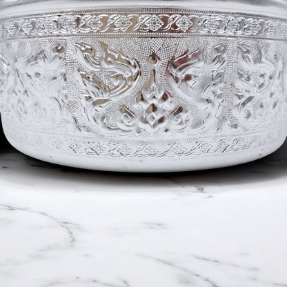 Premium Embossed Aluminum Storage Container with Lid | Decorative Round Metal Box for Sweets, Dates, Spices, Gifts & Home Decor | Lightweight & Durable | H(8cm) x W(15cm) x L(15cm) - Damoo
