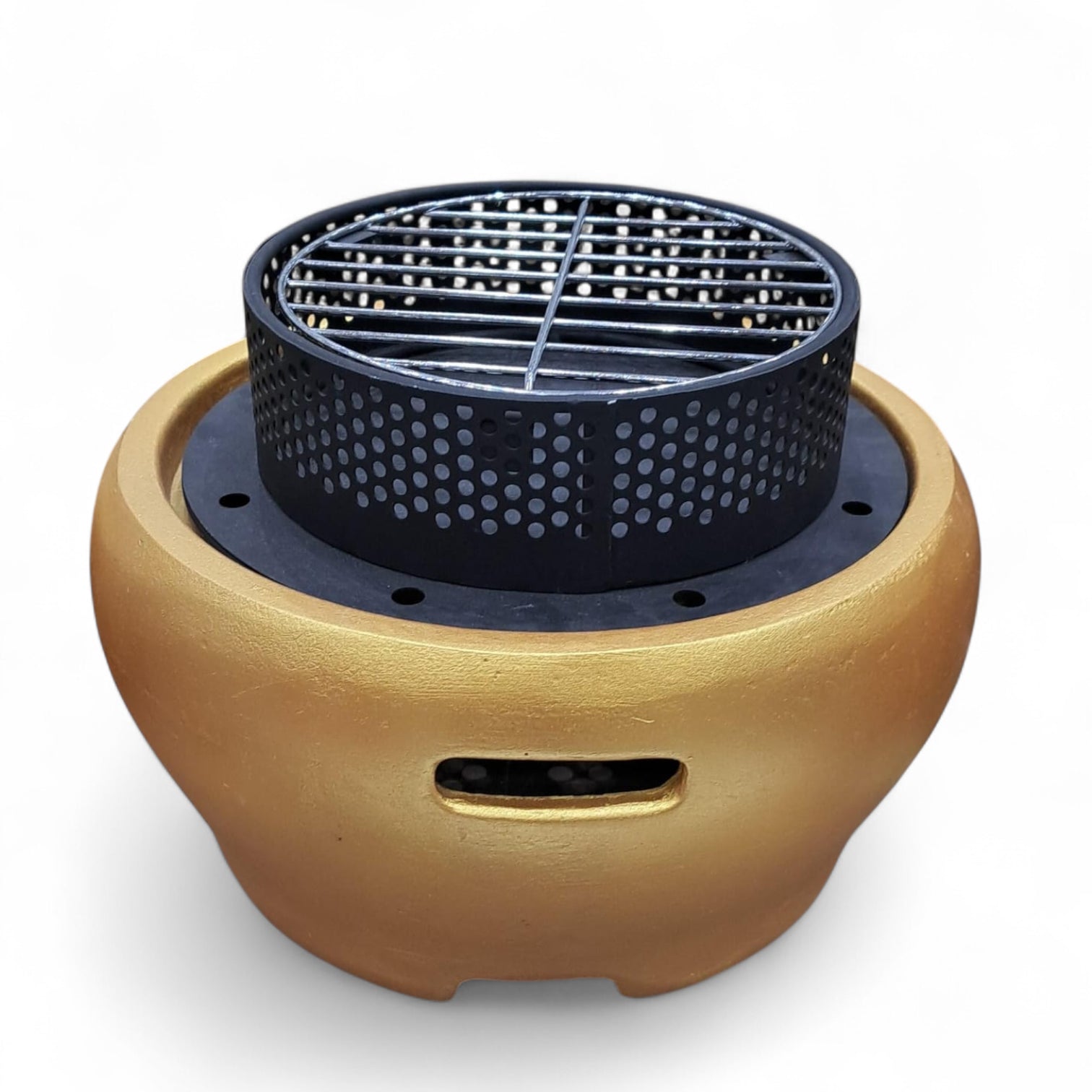 Premium Golden Charcoal BBQ Grill – Portable Round Tabletop Barbecue Stove – Durable Cast Design with Ventilation – W33 x H24 cm