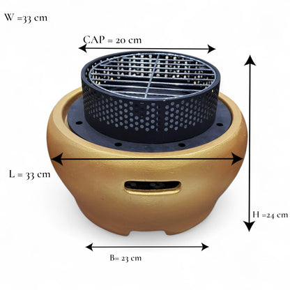 Premium Golden Charcoal BBQ Grill – Portable Round Tabletop Barbecue Stove – Durable Cast Design with Ventilation – W33 x H24 cm
