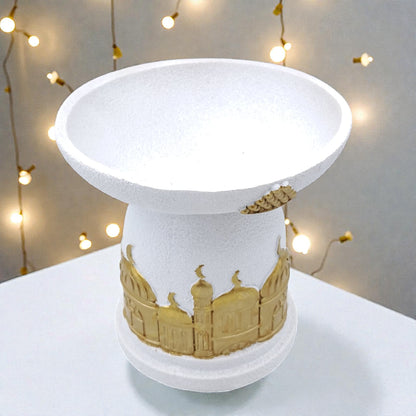 Elegant white and gold Ramadan serving dish inspired by Islamic architecture, perfect for dates, sweets, and majlis hospitality. - Damoo