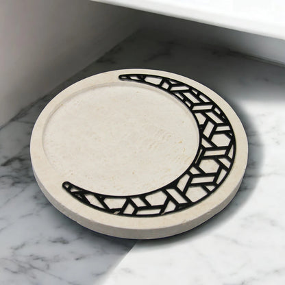 Decorative Crescent Tray Made of Natural Travertine Stone with Black Geometric Inlay – Perfect for Ramadan Display and Elegant Home Decor - Damoo
