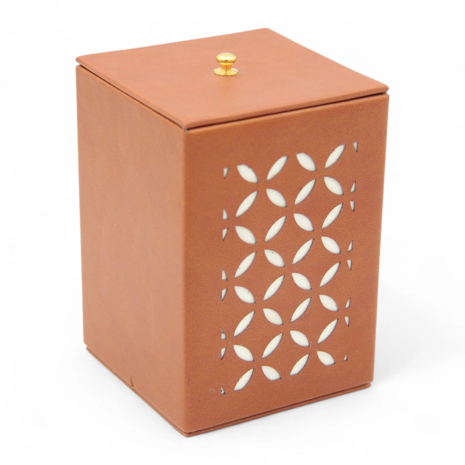 Decorative Faux Leather Storage Box with Lid – Brown Cutout Design Organizer for Home, Office, or Bathroom - Damoo