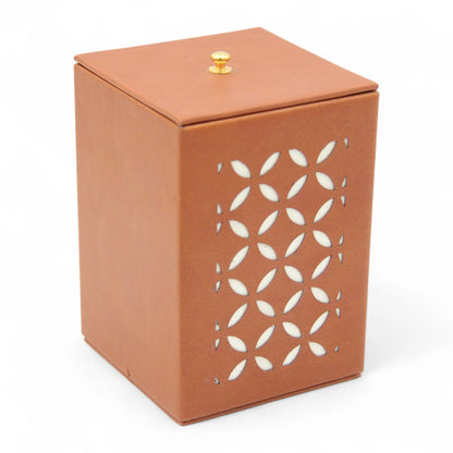 Decorative Faux Leather Storage Box with Lid – Brown Cutout Design Organizer for Home, Office, or Bathroom - Damoo