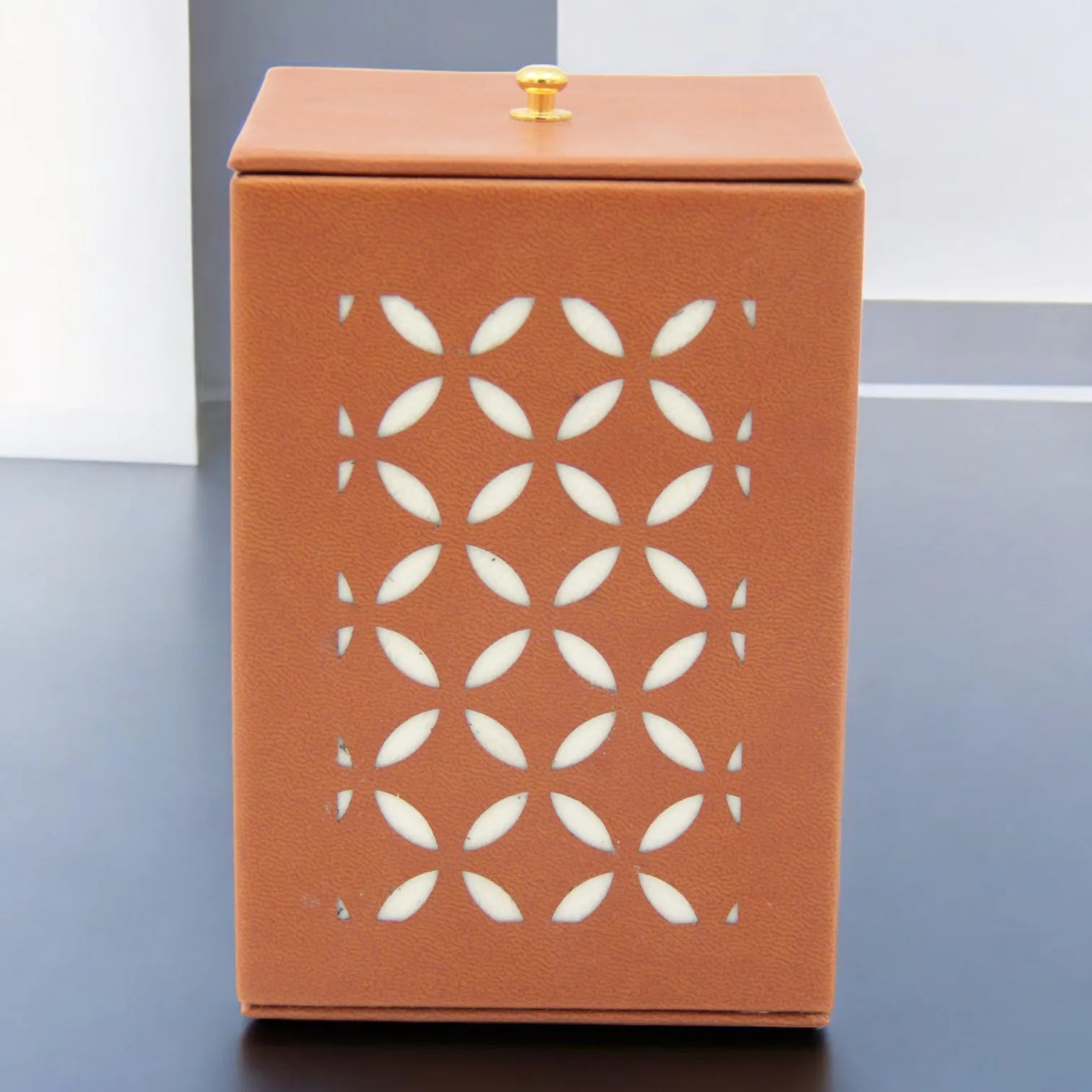 Decorative Faux Leather Storage Box with Lid – Brown Cutout Design Organizer for Home, Office, or Bathroom - Damoo