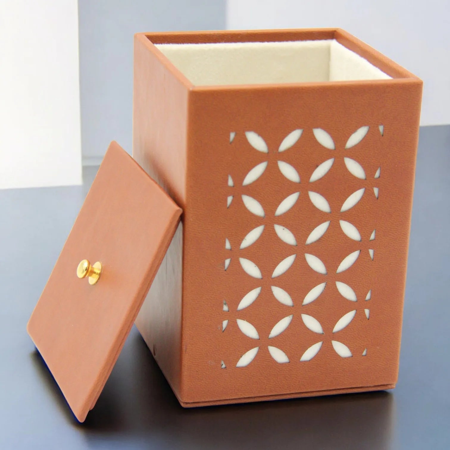 Decorative Faux Leather Storage Box with Lid – Brown Cutout Design Organizer for Home, Office, or Bathroom - Damoo
