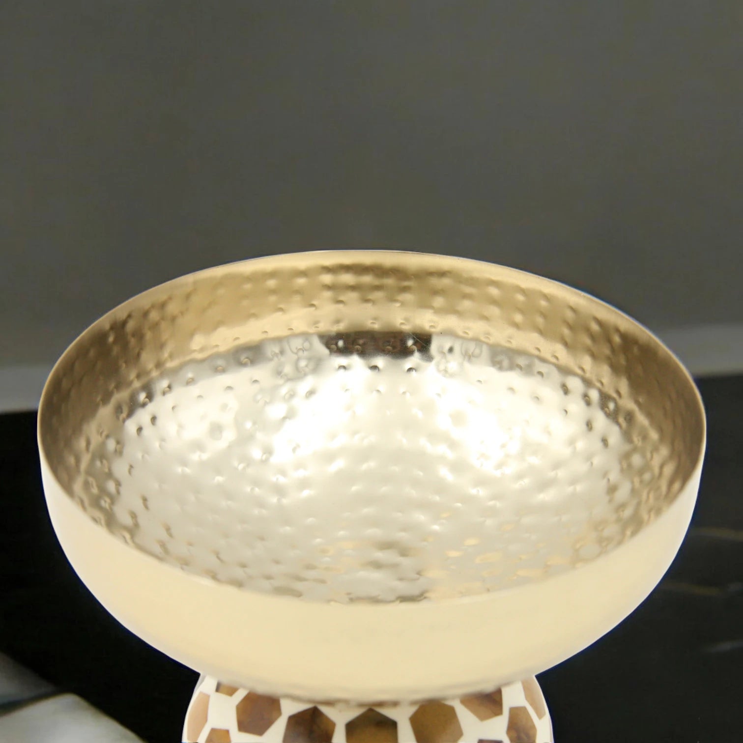 Decorative Hammered Stainless Steel Gold Bowl with Geometric Honeycomb Base – Luxe Metal Centerpiece for Modern Home Decor - Damoo