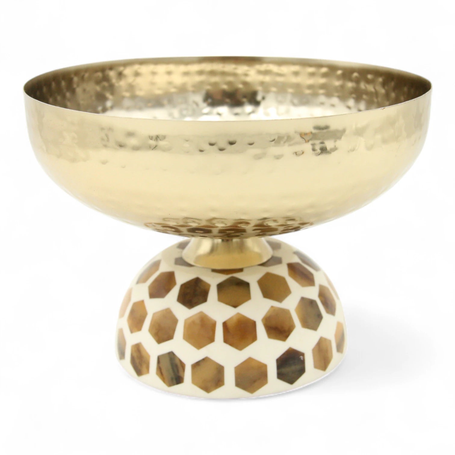 Decorative Hammered Stainless Steel Gold Bowl with Geometric Honeycomb Base – Luxe Metal Centerpiece for Modern Home Decor - Damoo