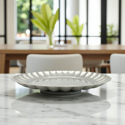 Decorative Stainless Steel Serving Plate – Round Embossed Tray with Floral Pattern – Durable & Rust-Resistant – Ideal for Sweets, Fruits & Events - Damoo