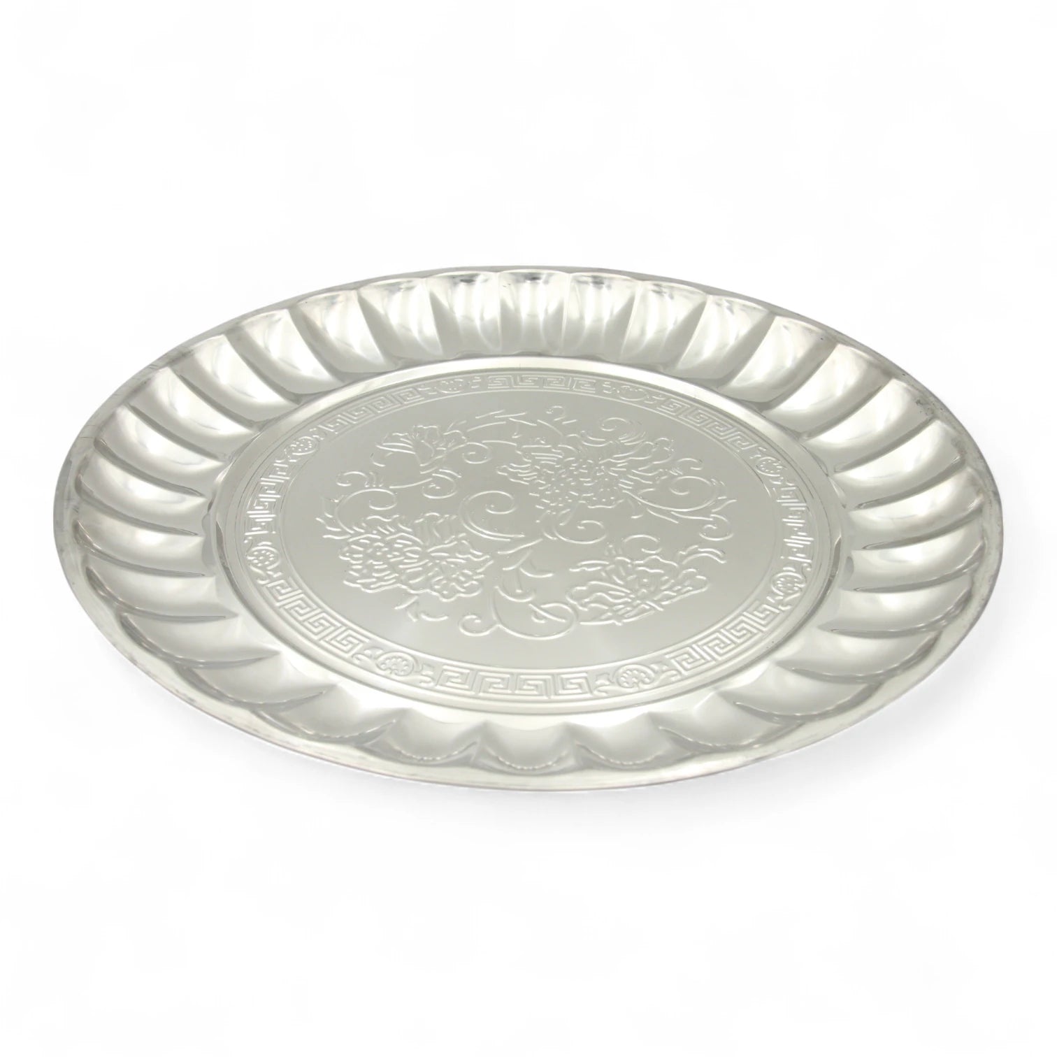 Decorative Stainless Steel Serving Plate – Round Embossed Tray with Floral Pattern – Durable & Rust-Resistant – Ideal for Sweets, Fruits & Events - Damoo