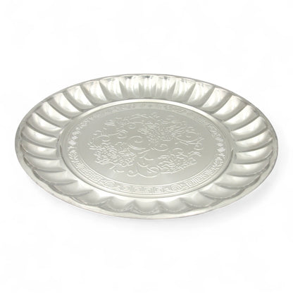 Decorative Stainless Steel Serving Plate – Round Embossed Tray with Floral Pattern – Durable & Rust-Resistant – Ideal for Sweets, Fruits & Events - Damoo