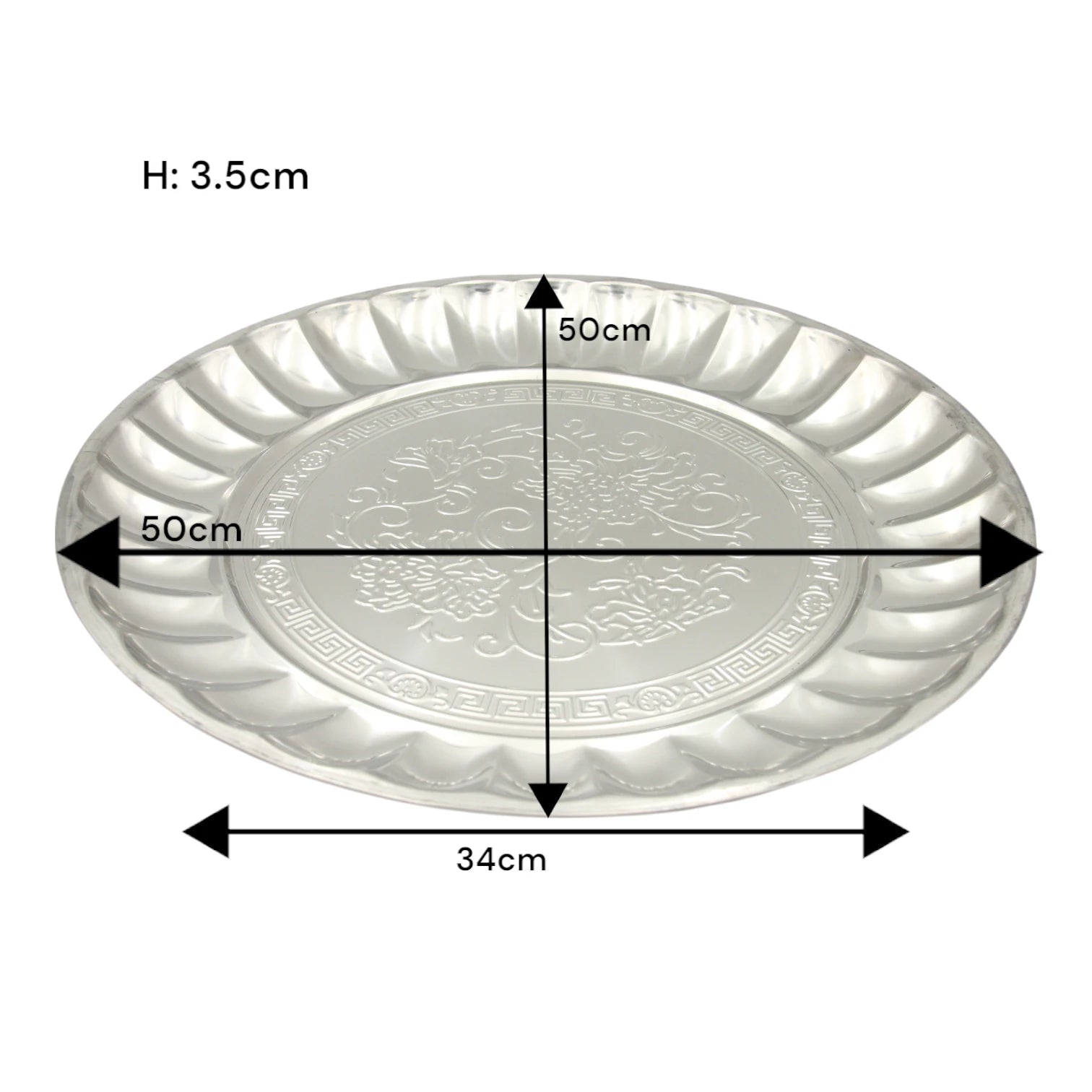 Decorative Stainless Steel Serving Plate – Round Embossed Tray with Floral Pattern – Durable & Rust-Resistant – Ideal for Sweets, Fruits & Events - Damoo