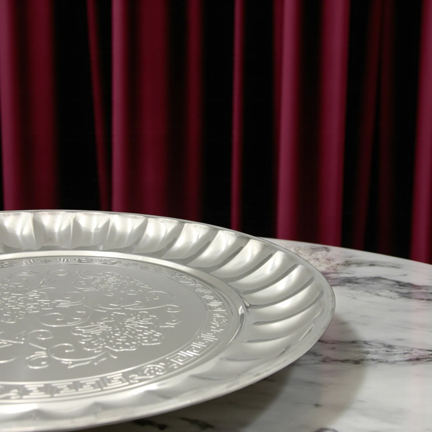 Decorative Stainless Steel Serving Plate – Round Embossed Tray with Floral Pattern – Durable & Rust-Resistant – Ideal for Sweets, Fruits & Events - Damoo