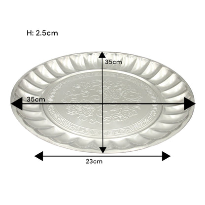 Decorative Stainless Steel Serving Plate – Round Embossed Tray with Floral Pattern – Durable & Rust-Resistant – Ideal for Sweets, Fruits & Events - Damoo