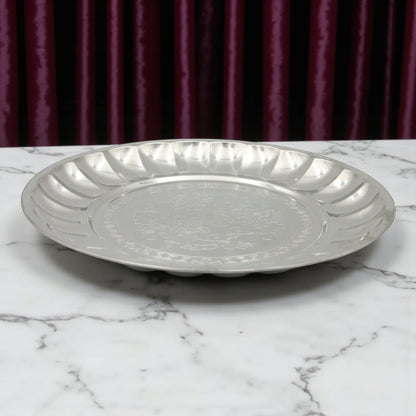 Decorative Stainless Steel Serving Plate – Round Embossed Tray with Floral Pattern – Durable & Rust-Resistant – Ideal for Sweets, Fruits & Events - Damoo