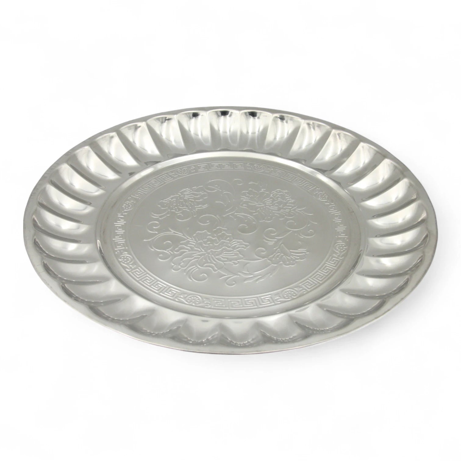 Decorative Stainless Steel Serving Plate – Round Embossed Tray with Floral Pattern – Durable & Rust-Resistant – Ideal for Sweets, Fruits & Events - Damoo