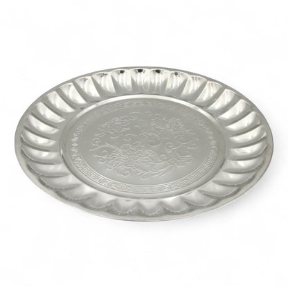 Decorative Stainless Steel Serving Plate – Round Embossed Tray with Floral Pattern – Durable & Rust-Resistant – Ideal for Sweets, Fruits & Events - Damoo