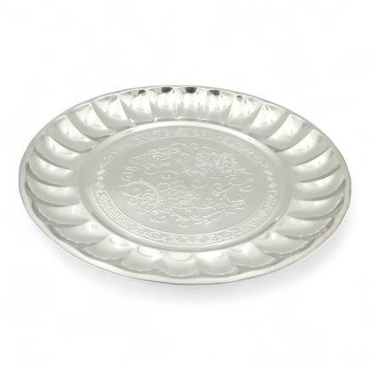Decorative Stainless Steel Serving Plate – Round Embossed Tray with Floral Pattern – Durable & Rust-Resistant – Ideal for Sweets, Fruits & Events - Damoo