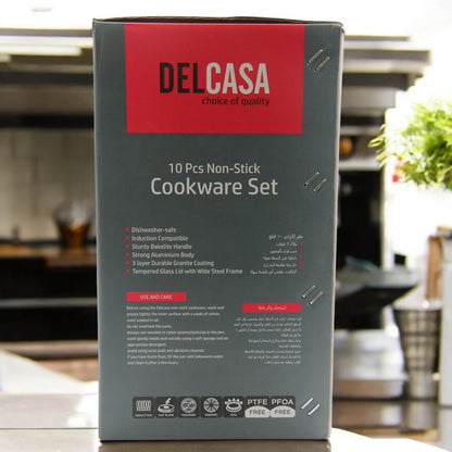 DELCASA 10-Piece Non-Stick Cookware Set – Forged Aluminum Body with Durable 3-Layer Coating, PTFE & PFOA Free, Induction Compatible, Bakelite Handles, Tempered Glass Lids with Steel Frame - Damoo