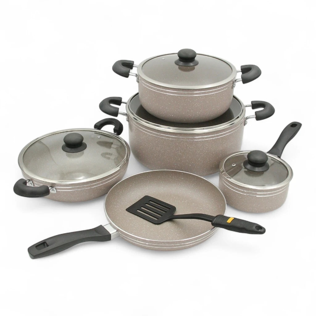 DELCASA 10-Piece Non-Stick Cookware Set – Forged Aluminum Body with Durable 3-Layer Coating, PTFE & PFOA Free, Induction Compatible, Bakelite Handles, Tempered Glass Lids with Steel Frame - Damoo