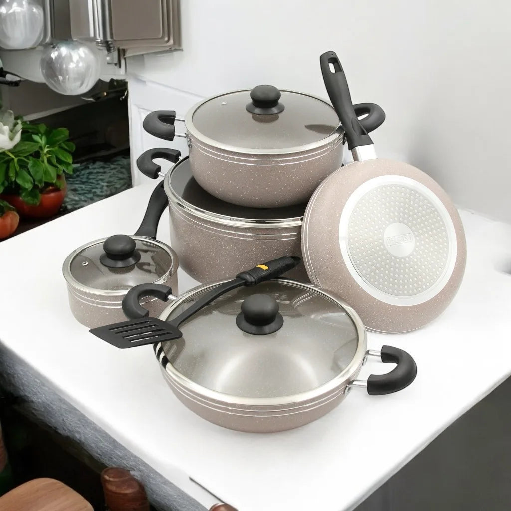 DELCASA 10-Piece Non-Stick Cookware Set – Forged Aluminum Body with Durable 3-Layer Coating, PTFE & PFOA Free, Induction Compatible, Bakelite Handles, Tempered Glass Lids with Steel Frame - Damoo
